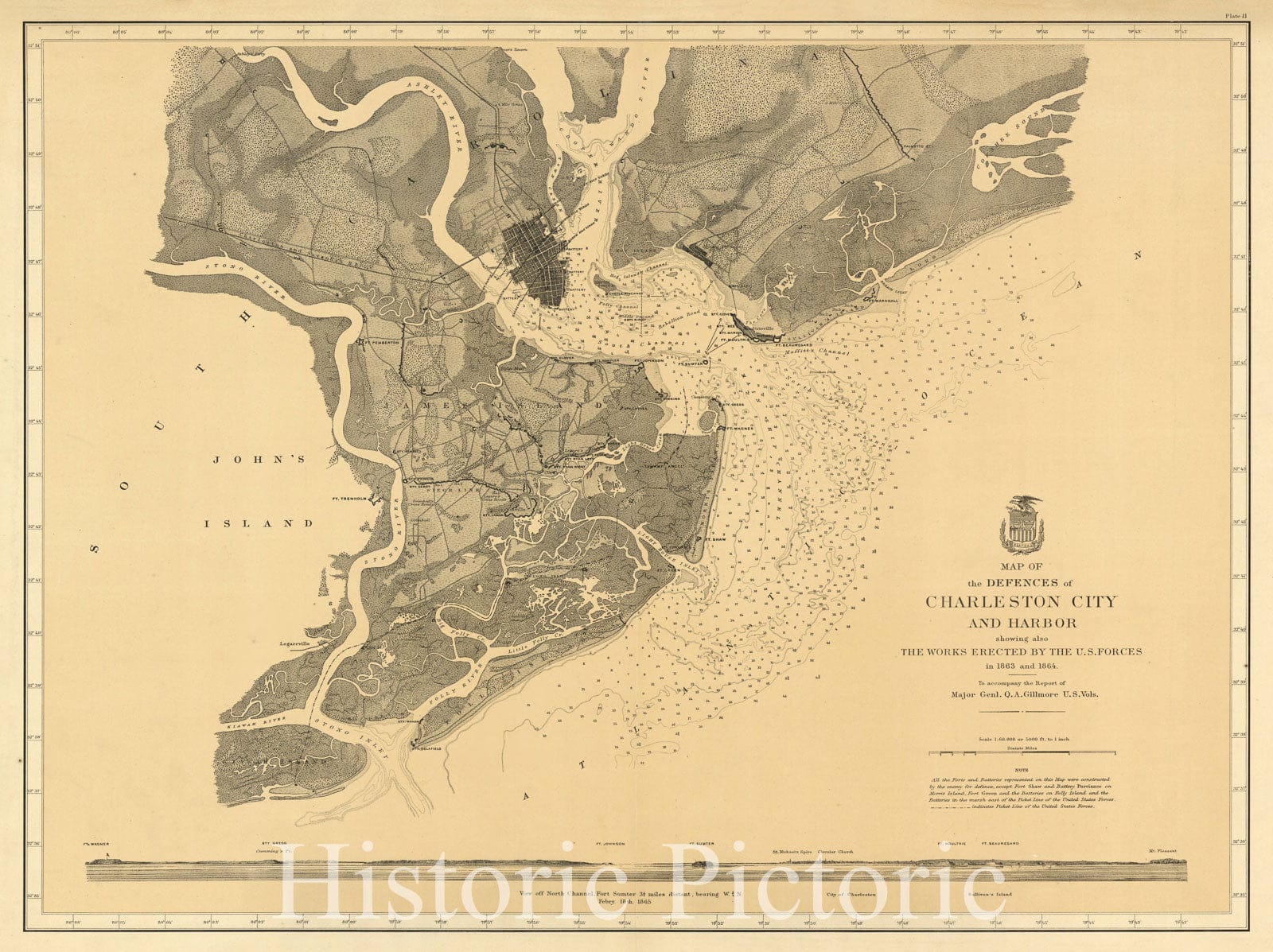 Map : Charleston, South Carolina 1865, Map of the defences of Charleston city and harbor, showing also the works erected by the U.S. forces in 1863 and 1864