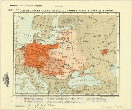 Map : Europe 1925, Der deutsche Volks- und Kulturboden in Mittel- und Osteuropa , Antique Vintage Reproduction