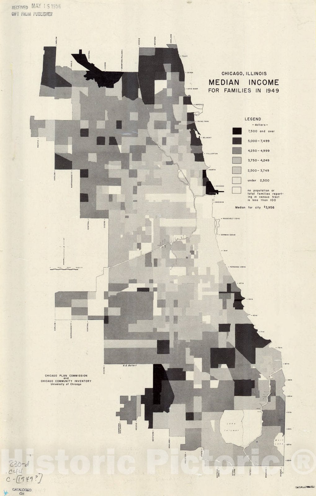 Map : Chicago, Illinois 1949, Chicago, Illinois, median income for families in 1949 , Antique Vintage Reproduction