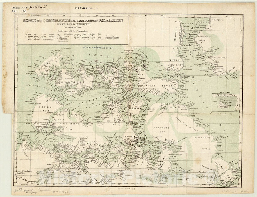Map : Arctic 1890 1, Skitze des Schauplatzes der Sogenannten Polarreisen und der Franklin-Expeditionen (nach Kiepert und Lange) , Antique Vintage Reproduction