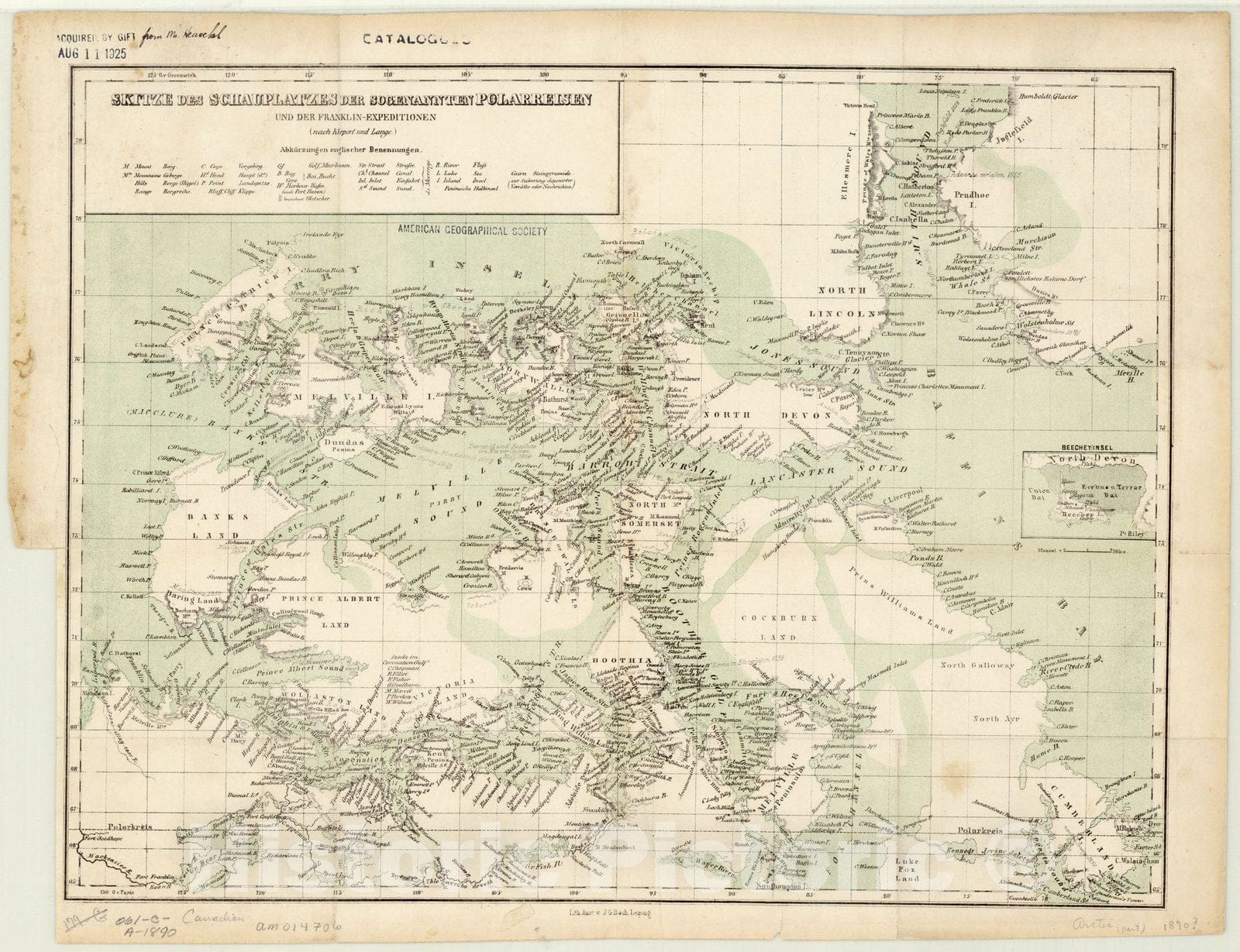Map : Arctic 1890 1, Skitze des Schauplatzes der Sogenannten Polarreisen und der Franklin-Expeditionen (nach Kiepert und Lange) , Antique Vintage Reproduction