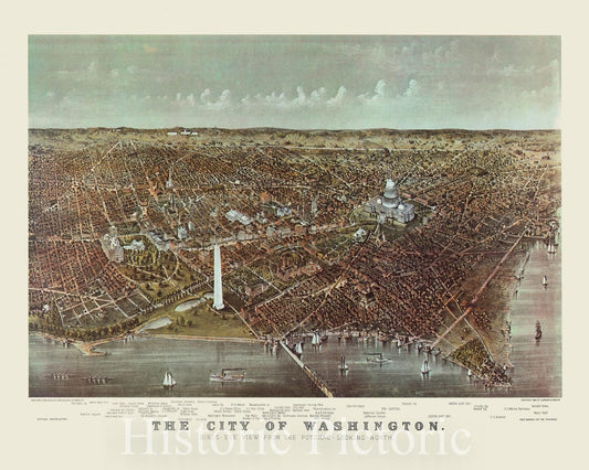 Map : Washington, D.C. 1892, The city of Washington. Birds-eye view from the Potomac, looking north, Antique Vintage Reproduction