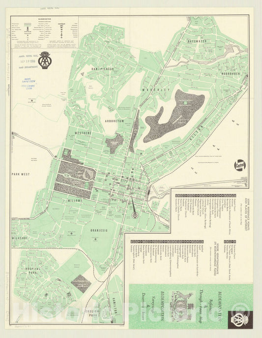 Map : Bloemfontein, South Africa 1963, Bloemfontein reference & through-route map , Antique Vintage Reproduction