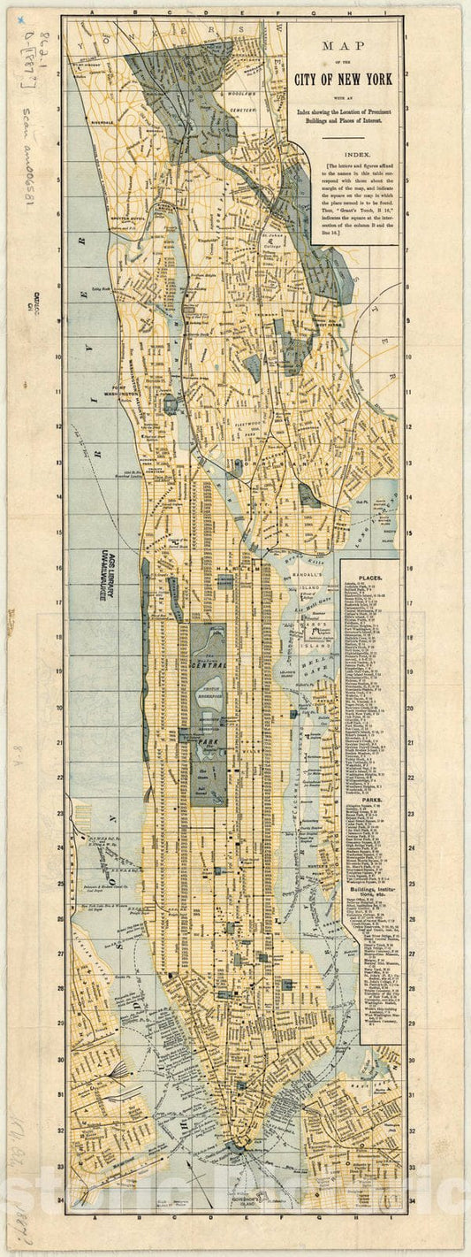 Map : New York City 1897, Map of the City of New York : with an index showing the location of prominent buildings and places of interest, Antique Vintage Reproduction