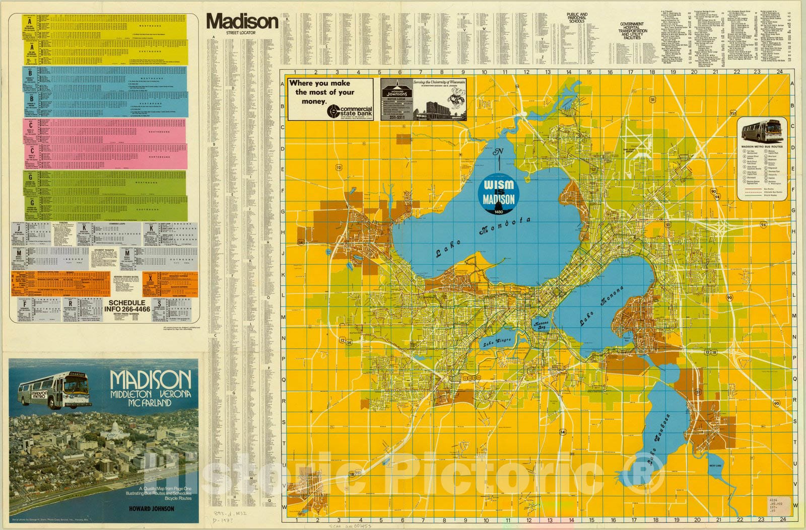 Map : Madison, Wisconsin 197-?, Madison, Middleton, Verona, McFarland : a quality map from Page One illustrating bus routes and schedules [and] bicycle routes