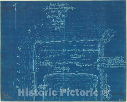 Map : Alaska 1930, Sketch showing site, archaeological investigations,, St. Lawrence Island , Antique Vintage Reproduction