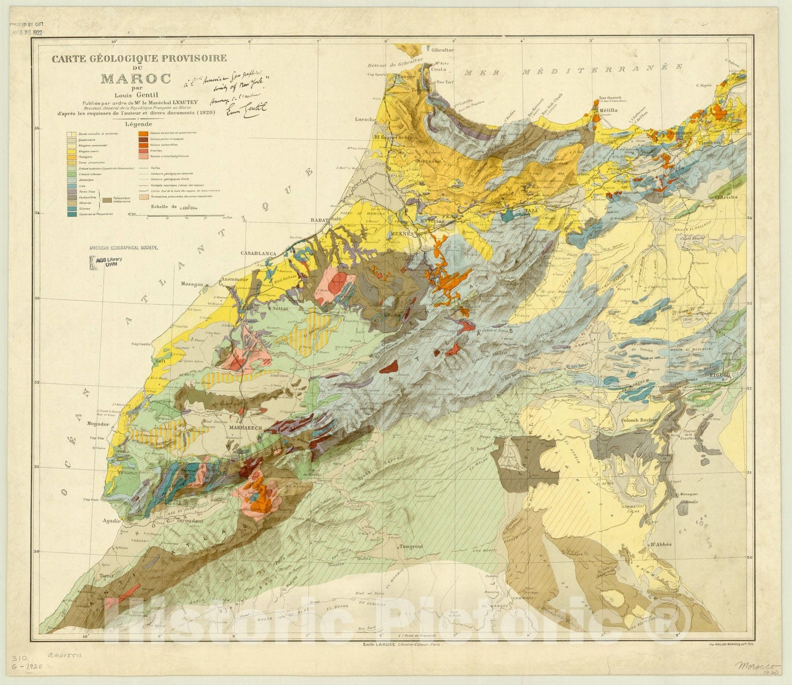 Map : Morocco 1920, Carte geologique provisoire du Maroc , Antique Vintage Reproduction