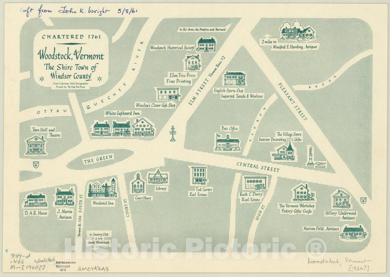 Map : Woodstock, Vermont 1960, Woodstock, Vermont, the shire town of Windsor County , Antique Vintage Reproduction