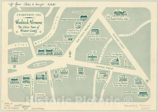 Map : Woodstock, Vermont 1960, Woodstock, Vermont, the shire town of Windsor County , Antique Vintage Reproduction