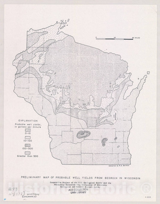 Map : Wisconsin c1970 1, Preliminary map of probable well yields from bedrock in Wisconsin , Antique Vintage Reproduction
