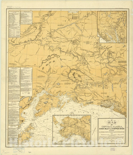 Map : Alaska 1898, Map of central Alaska, Cook Inlet and Copper River, including Klondike, White, Tanana and Munook Rivers , Antique Vintage Reproduction