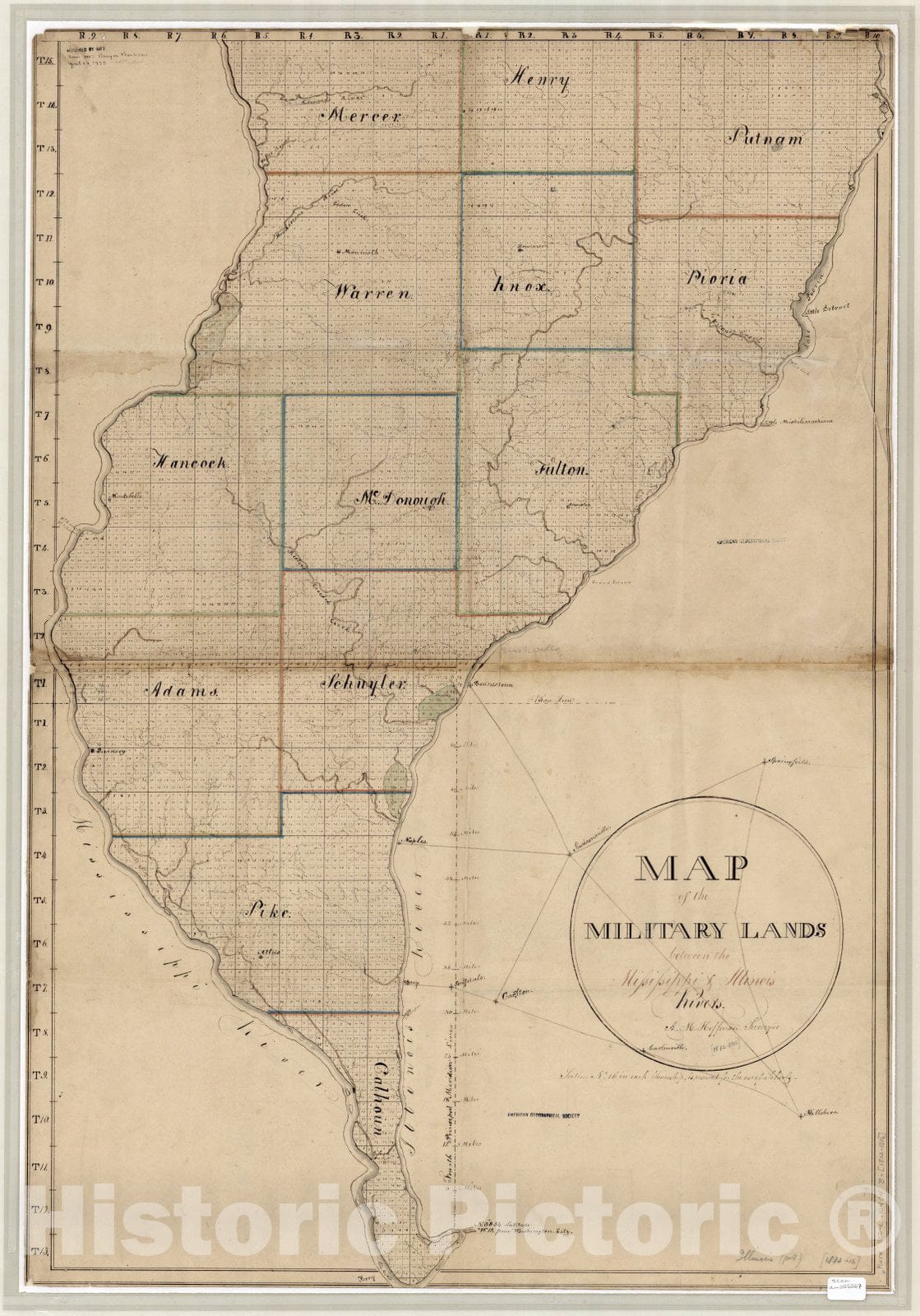 Map : Illinois 1826, Map of the military lands between the Mississippi & Illinois Rivers , Antique Vintage Reproduction
