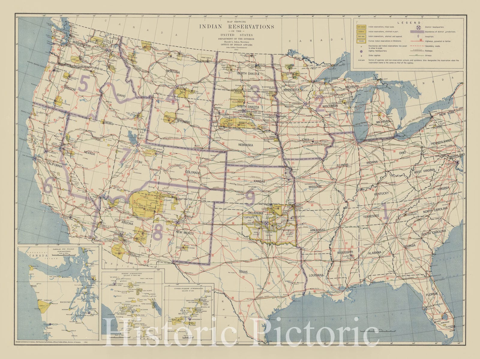 Map : United States 1941, map showing Indian reservations, Map showing Indian reservations in the United States , Antique Vintage Reproduction