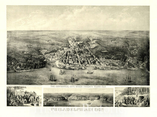 Map : Philadelphia, The centennial city when twenty years old, Philadelphia in 1702, Antique Vintage Reproduction