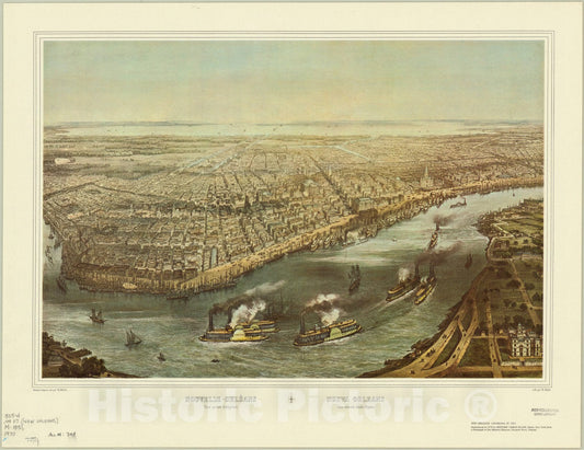 Map : New Orleans, Nouvelle-Orleans, vue prise d'Algiers, Nueva Orleans, vista tomada desde Algiers. , Antique Vintage Reproduction