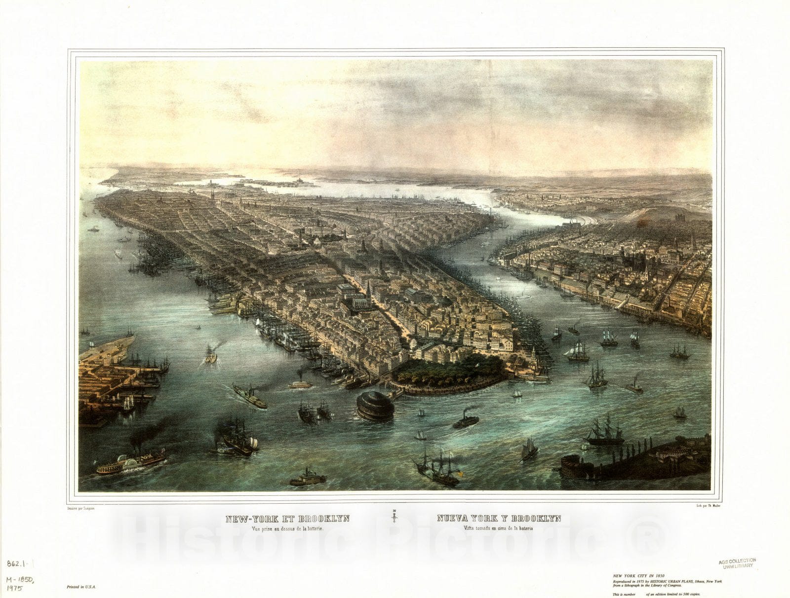 Map : New York , New-York et Brooklyn vue prise au dessus de la batterie, Nueva York y Brooklyn vista tomada en cima de la bateria , Antique Vintage Reproduction