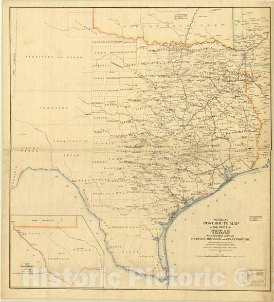 Map : Texas 1876, Preliminary post route map of the state of Texas : with adjacent parts of Louisiana, Arkansas and Indian Territory , Antique Vintage Reproduction