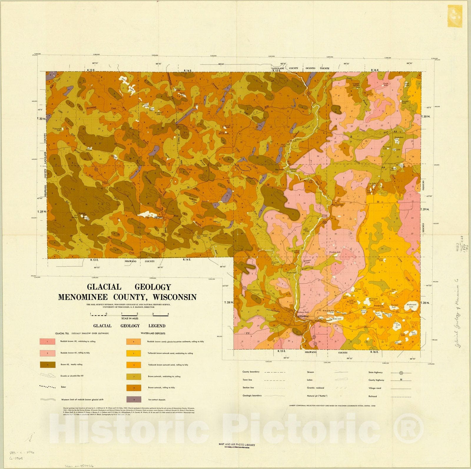 Map : Menominee County, Wisconsin 1964, Glacial geology, Menominee County, Wisconsin , Antique Vintage Reproduction