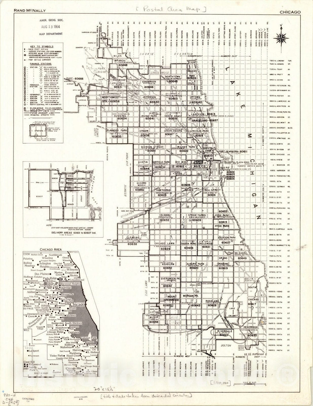 Map : Chicago, [Postal Area Map] Chicago , Antique Vintage Reproduction