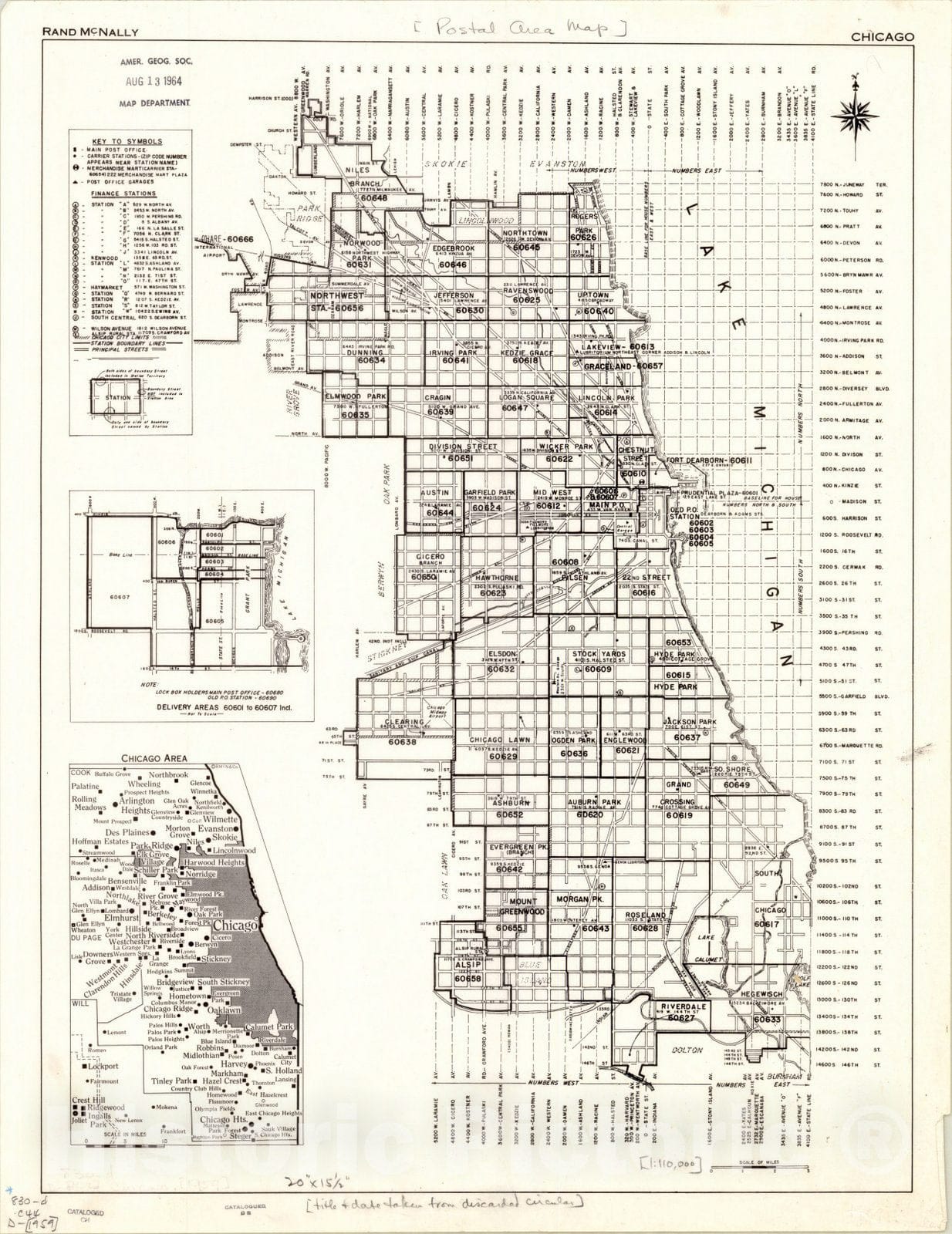 Map : Chicago, [Postal Area Map] Chicago , Antique Vintage Reproduction
