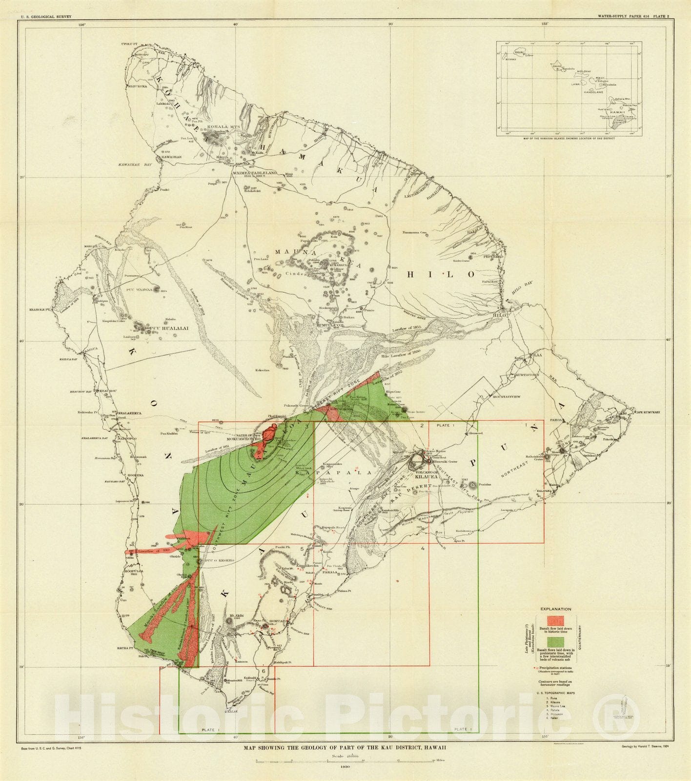 Map : Kau District, Hawaii 1930, Map showing the geology of part of the Kau District, Hawaii , Antique Vintage Reproduction