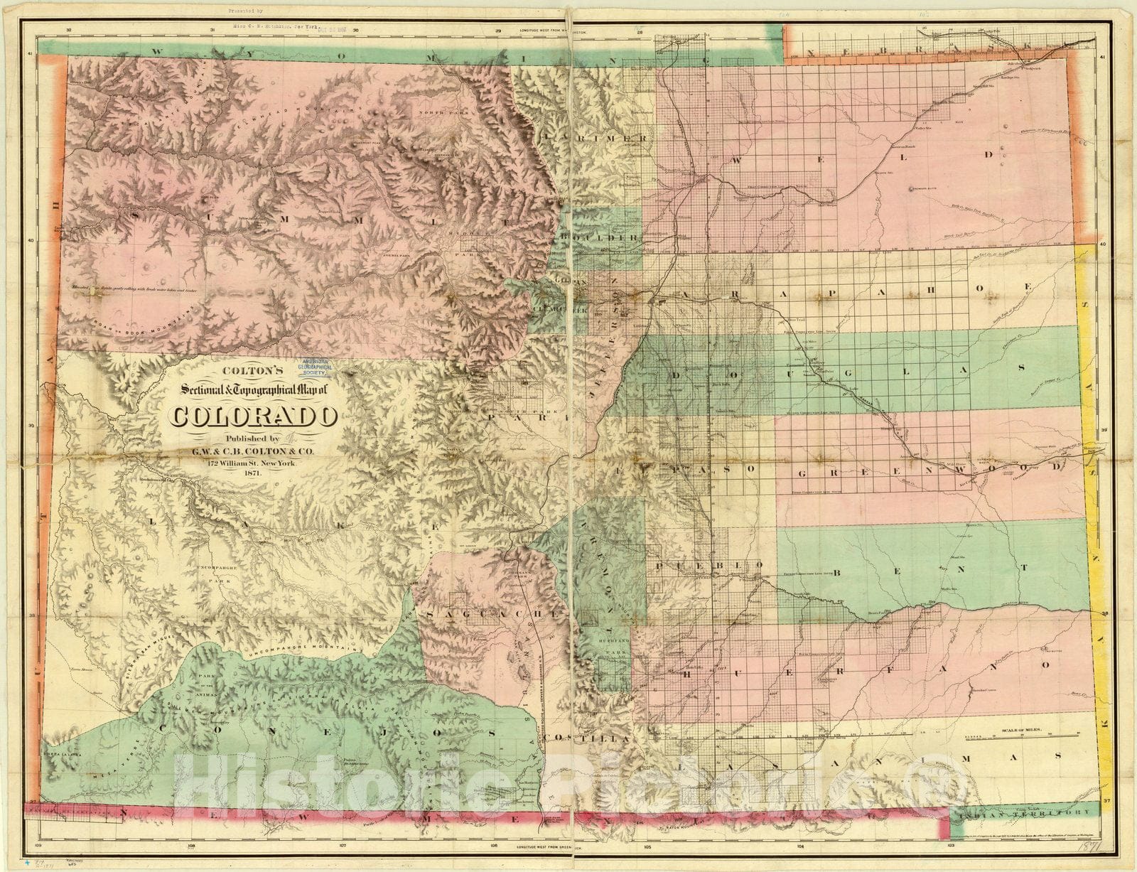 Map : Colorado 1871, Colton's sectional & topographical map of Colorado , Antique Vintage Reproduction
