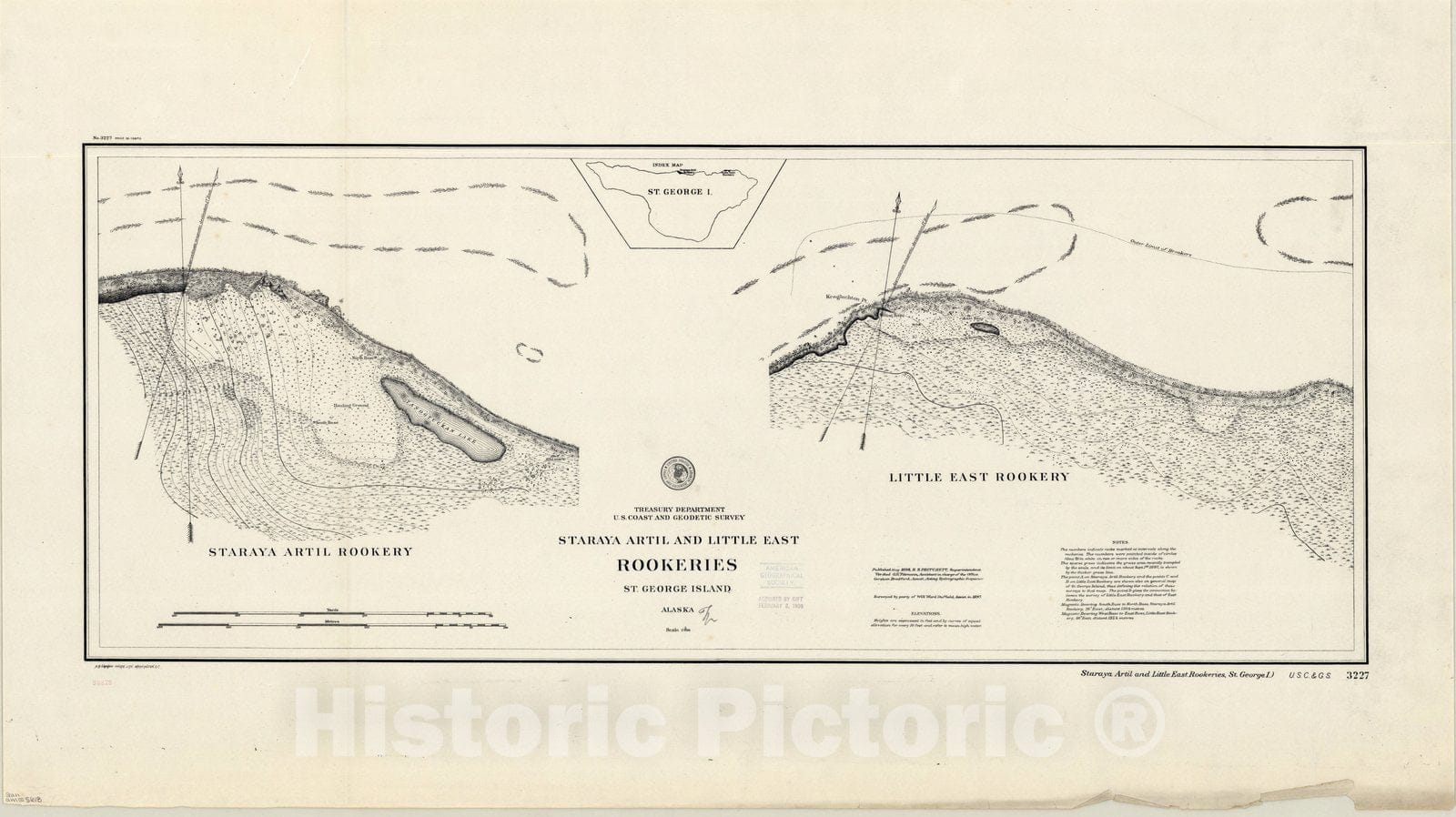 Map : St. George Island, Alaska 1898, Staraya Artil and Little East Rookeries, St. George Island, Alaska , Antique Vintage Reproduction