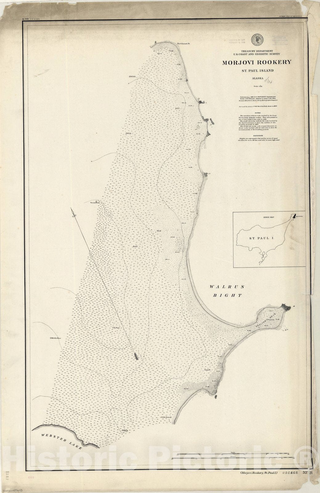 Map : St. Paul Island, Alaska 1898, Morjovi Rookery, St. Paul Island, Alaska , Antique Vintage Reproduction
