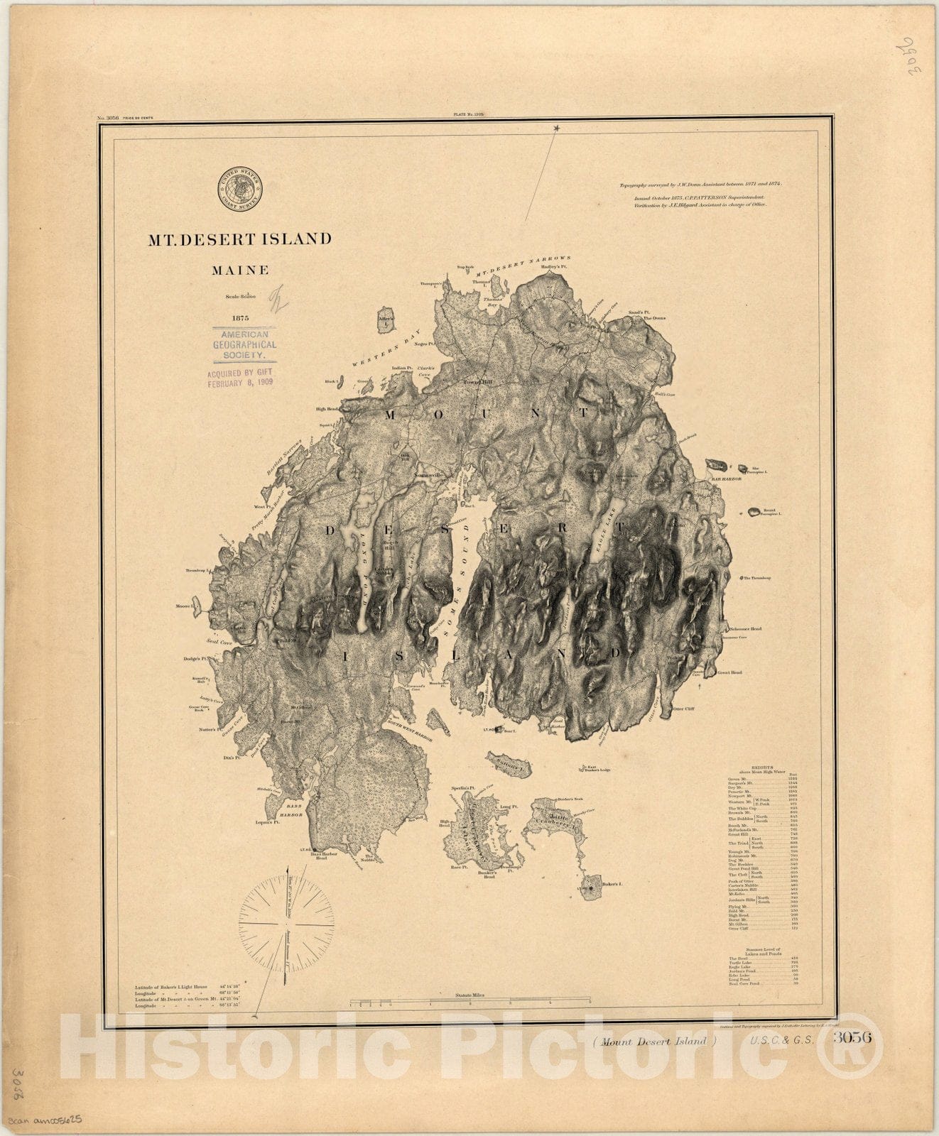 Map : Mt. Desert Island, Maine 1875, Mt. Desert Island, Maine , Antique Vintage Reproduction