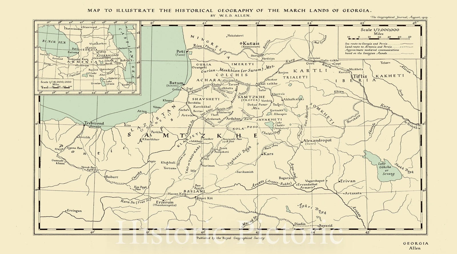 Map : Georgia (country) 1929, Map to illustrate the historical geography of the March Lands of Georgia , Antique Vintage Reproduction
