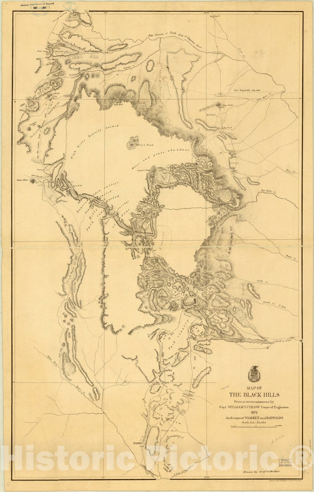Map : Black Hills, South Dakota and Wyoming 1874, Map of the Black Hills , Antique Vintage Reproduction