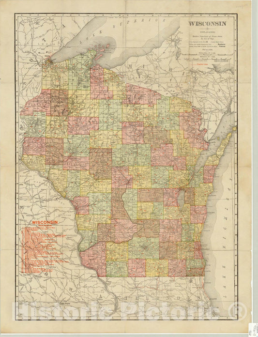 Map : Wisconsin 1910, Wisconsin, Antique Vintage Reproduction