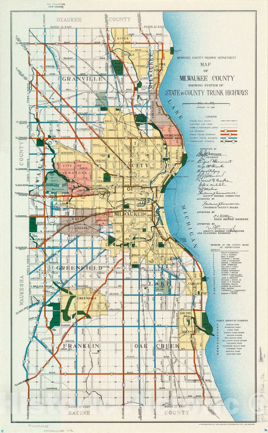 Map : Milwaukee County, Wisconsin 1939, Map of Milwaukee County showing system of state & county trunk highways , Antique Vintage Reproduction