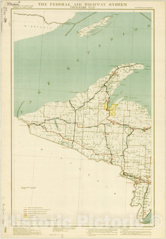 Map : Upper Penninsula, Michigan 1930, The federal aid highway system progress map ...Michigan, Antique Vintage Reproduction