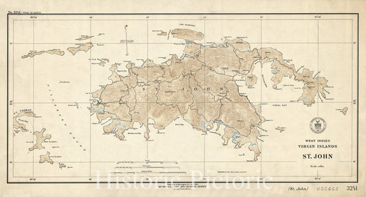 Map : West Indies, Virgin Islands, St. John 1922, West Indies, Virgin Islands, St. John, Antique Vintage Reproduction