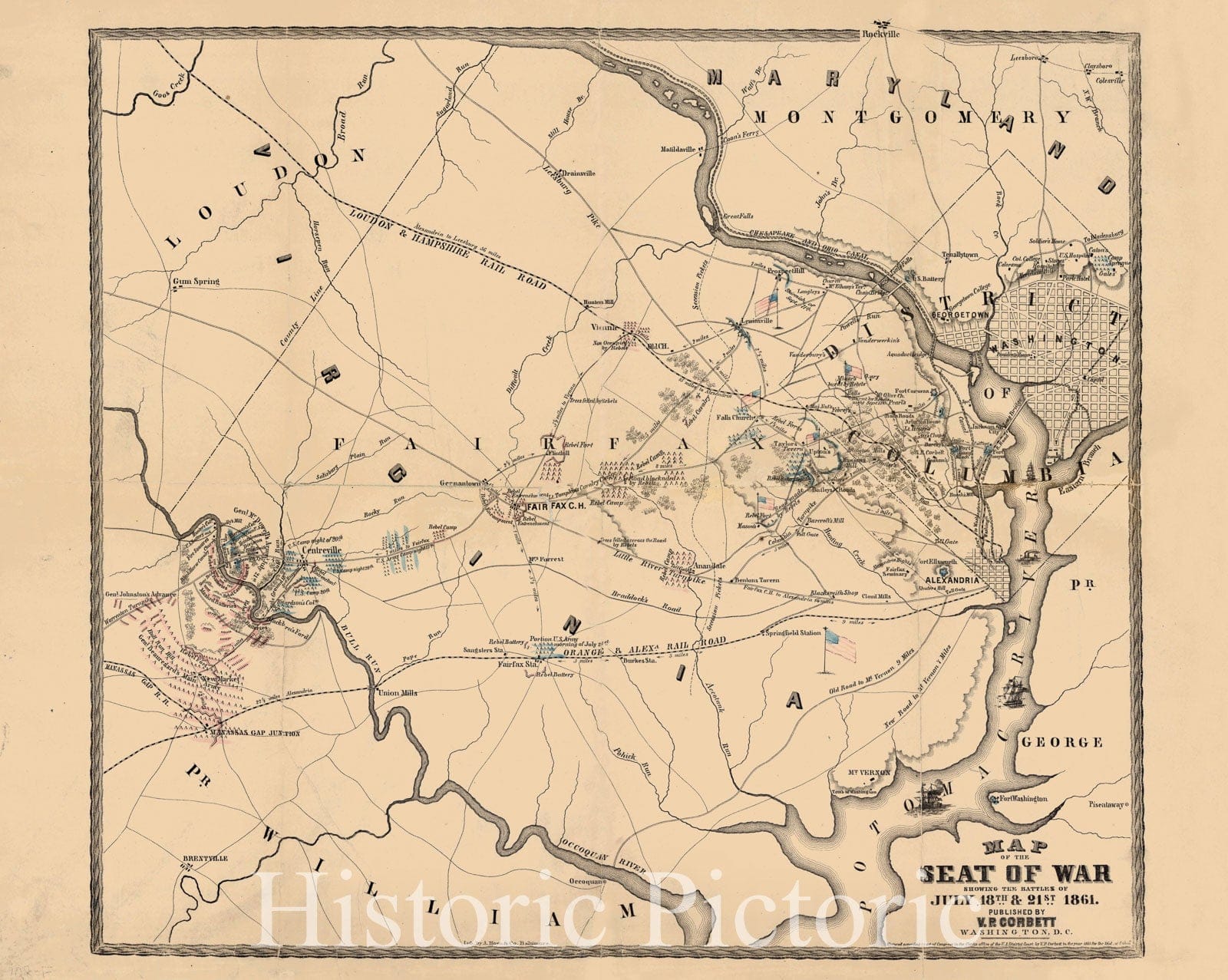 Map : Bull Run, Virginia 1861, Map of the seat of war : showing the battles of July 18th & 21st, 1861 , Antique Vintage Reproduction