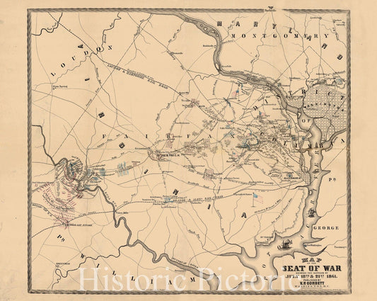 Map : Bull Run, Virginia 1861, Map of the seat of war : showing the battles of July 18th & 21st, 1861 , Antique Vintage Reproduction