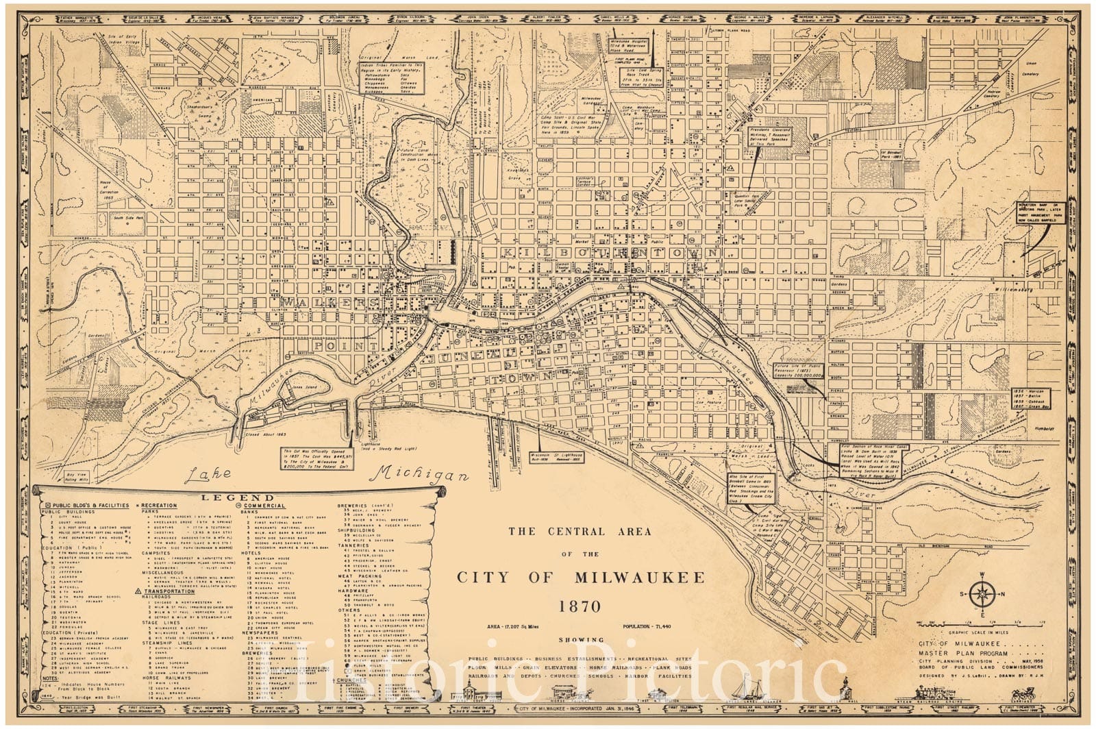 Map : Milwaukee, Wisconsin 1958, The Central area of the city of Milwaukee, 1870 : showing public buildings, business establishments, recreational sites ...