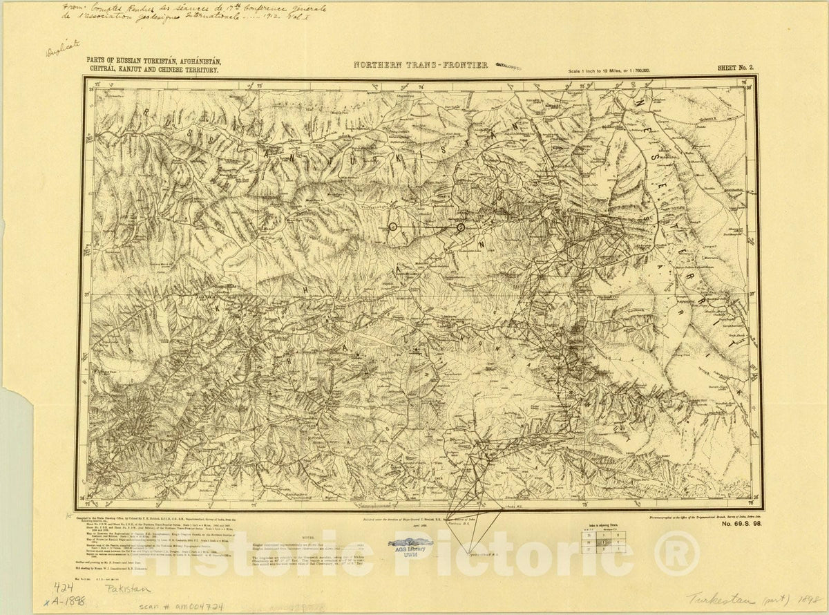 Map : Russian Turkistan, Afghanistan, Chitral, Kanjut and Chinese territory 1898, Antique Vintage Reproduction