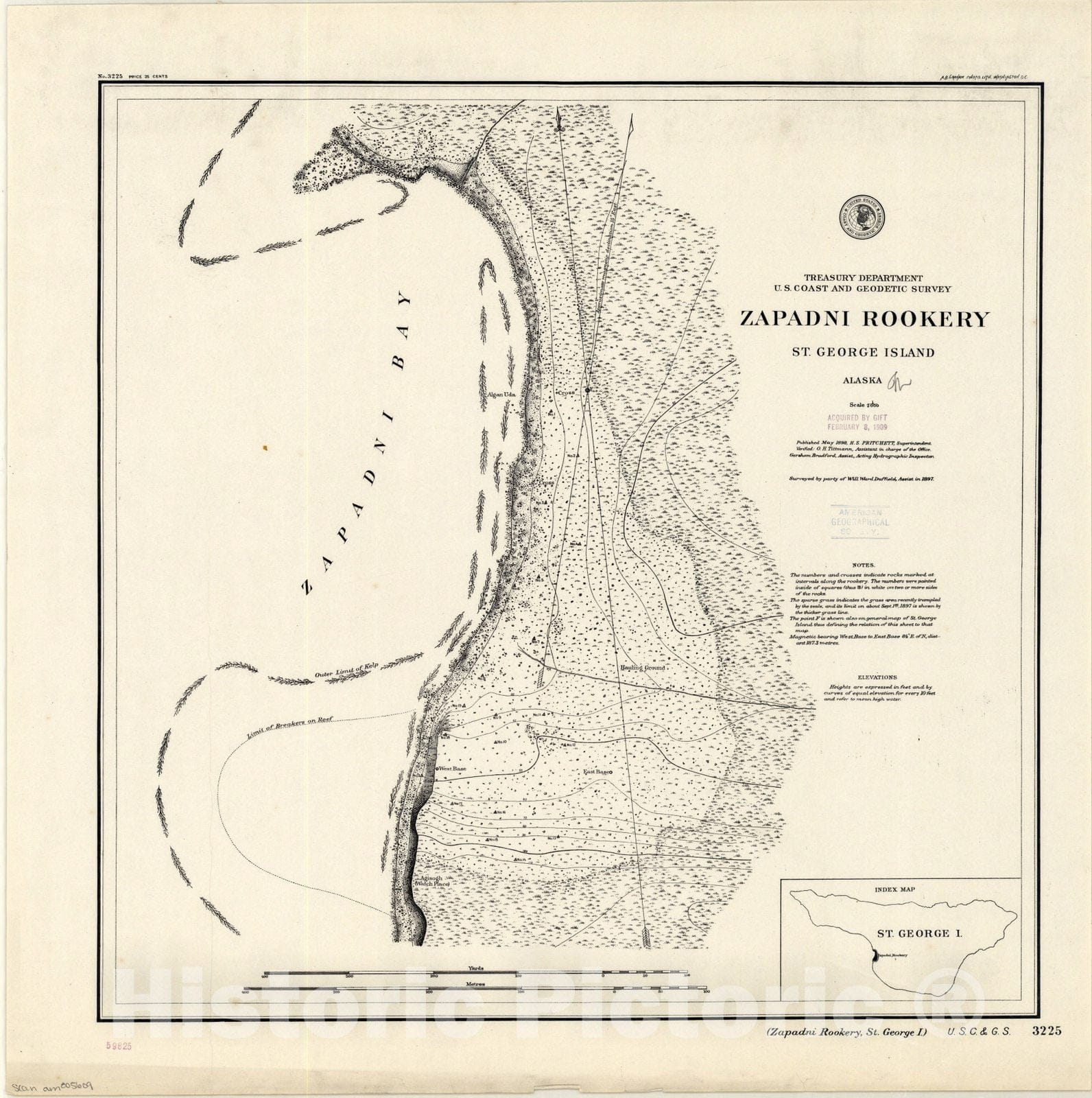 Map : St. George Island, Alaska 1898, Zapadni Rookery, St. George Island, Alaska , Antique Vintage Reproduction