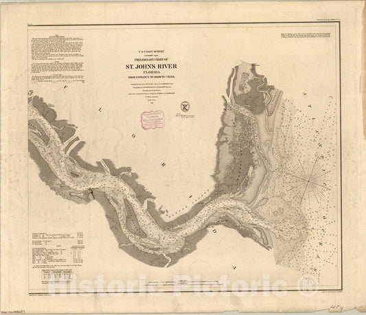 Map : St. John's River, Florida 1856, Preliminary chart of St. John's River, Florida : from entrance to Brown's Creek , Antique Vintage Reproduction