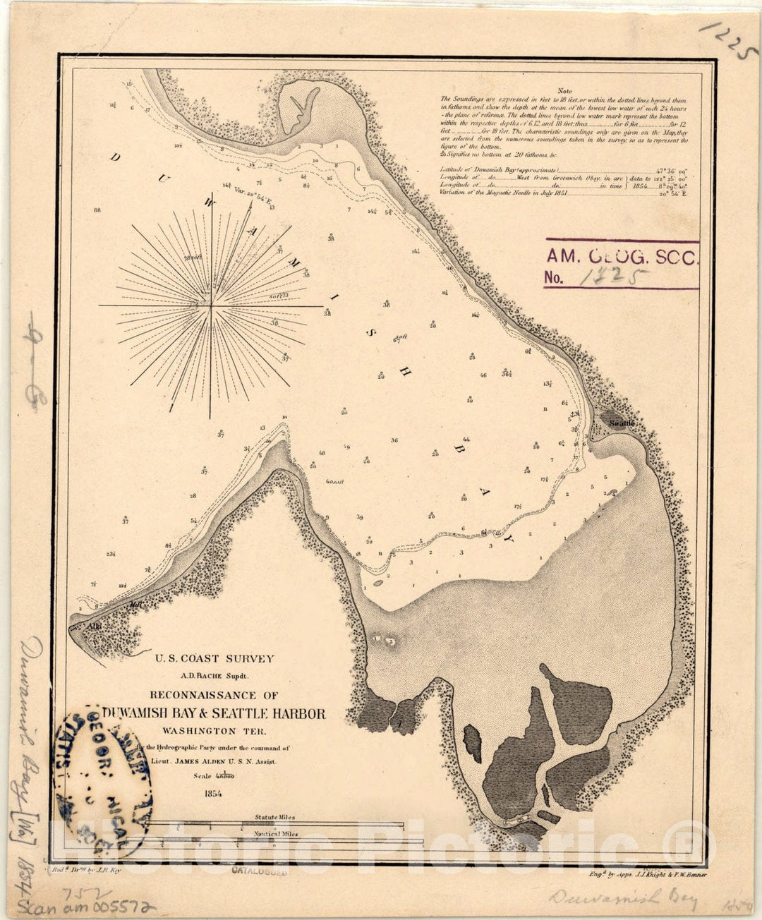 Map : Seattle Harbor, Washington 1854, Reconnaissance of Duwamish Bay & Seattle Harbor, Washington Ter. , Antique Vintage Reproduction