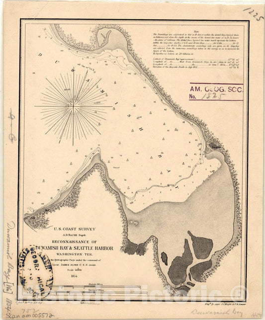 Map : Seattle Harbor, Washington 1854, Reconnaissance of Duwamish Bay & Seattle Harbor, Washington Ter. , Antique Vintage Reproduction