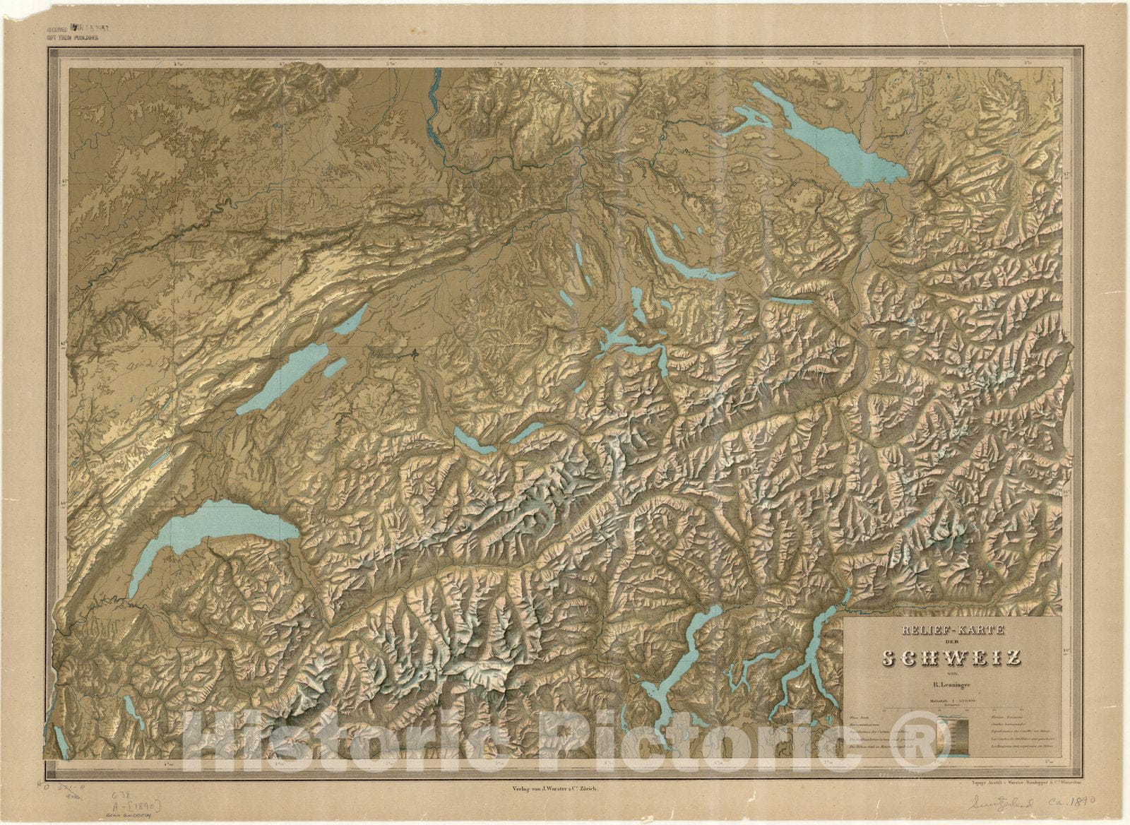 Map : Switzerland 1890, Relief-Karte der Schweiz , Antique Vintage Reproduction