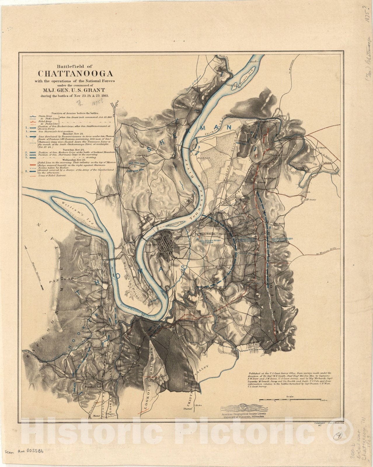 Map : Chattanooga, Tennessee 1863, Antique Vintage Reproduction