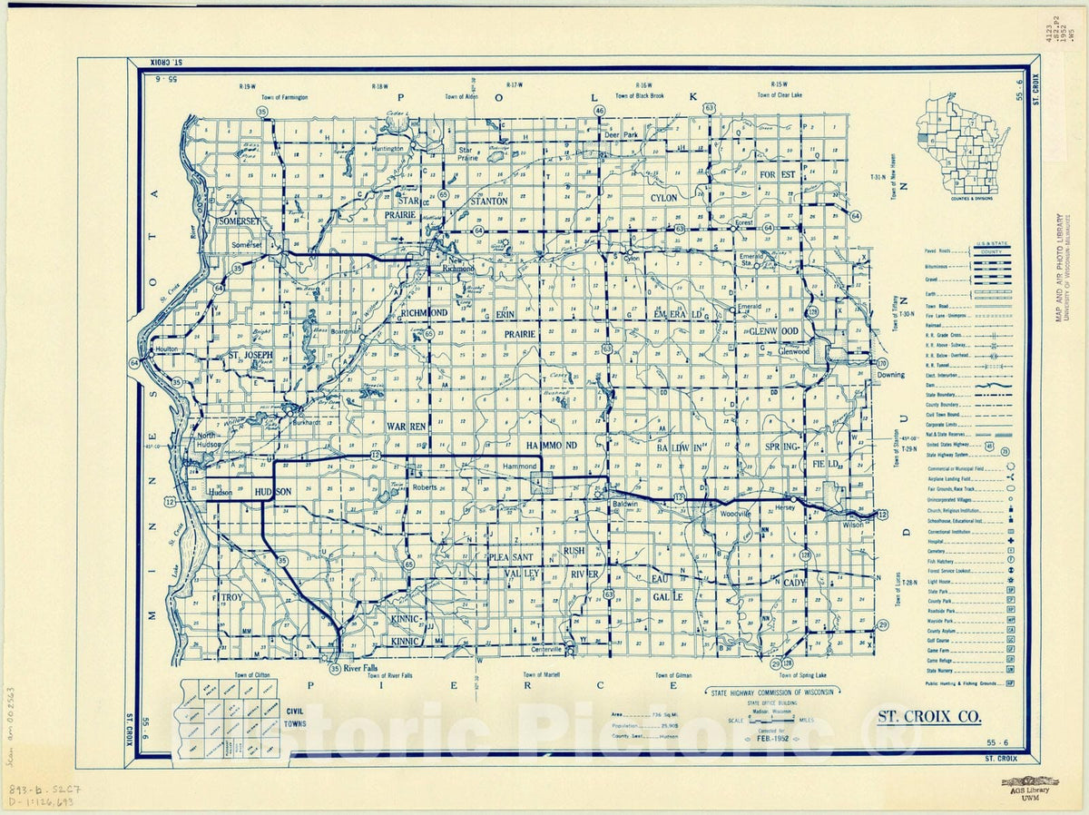 Map : St. Croix County, Wisconsin 1952, St. Croix Co., Antique Vintage Reproduction