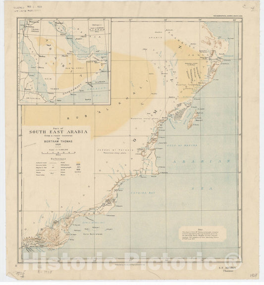 Map : Arabian Peninsula 1929, Part of south east Arabia from a route traverse by Bertram Thomas 1928 , Antique Vintage Reproduction