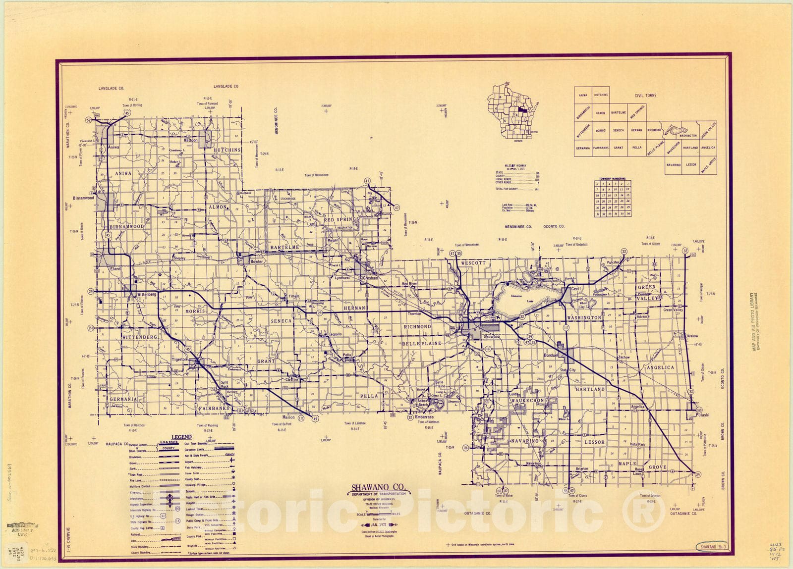 Map : Shawano County, Wisconsin 1972, Shawano Co., Antique Vintage Reproduction