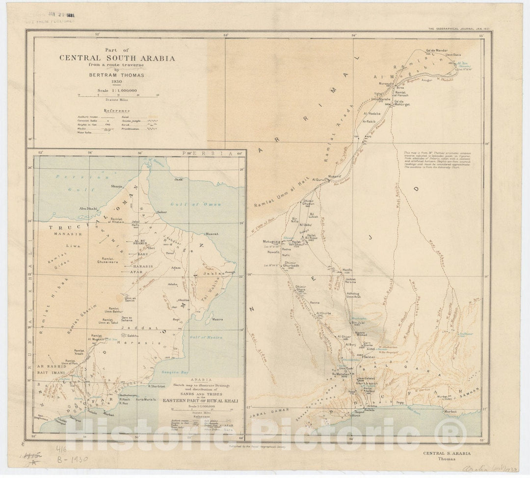 Map : Arabian Peninsula 1931, Part of central south Arabia from a route traverse by Bertram Thomas 1930 , Antique Vintage Reproduction