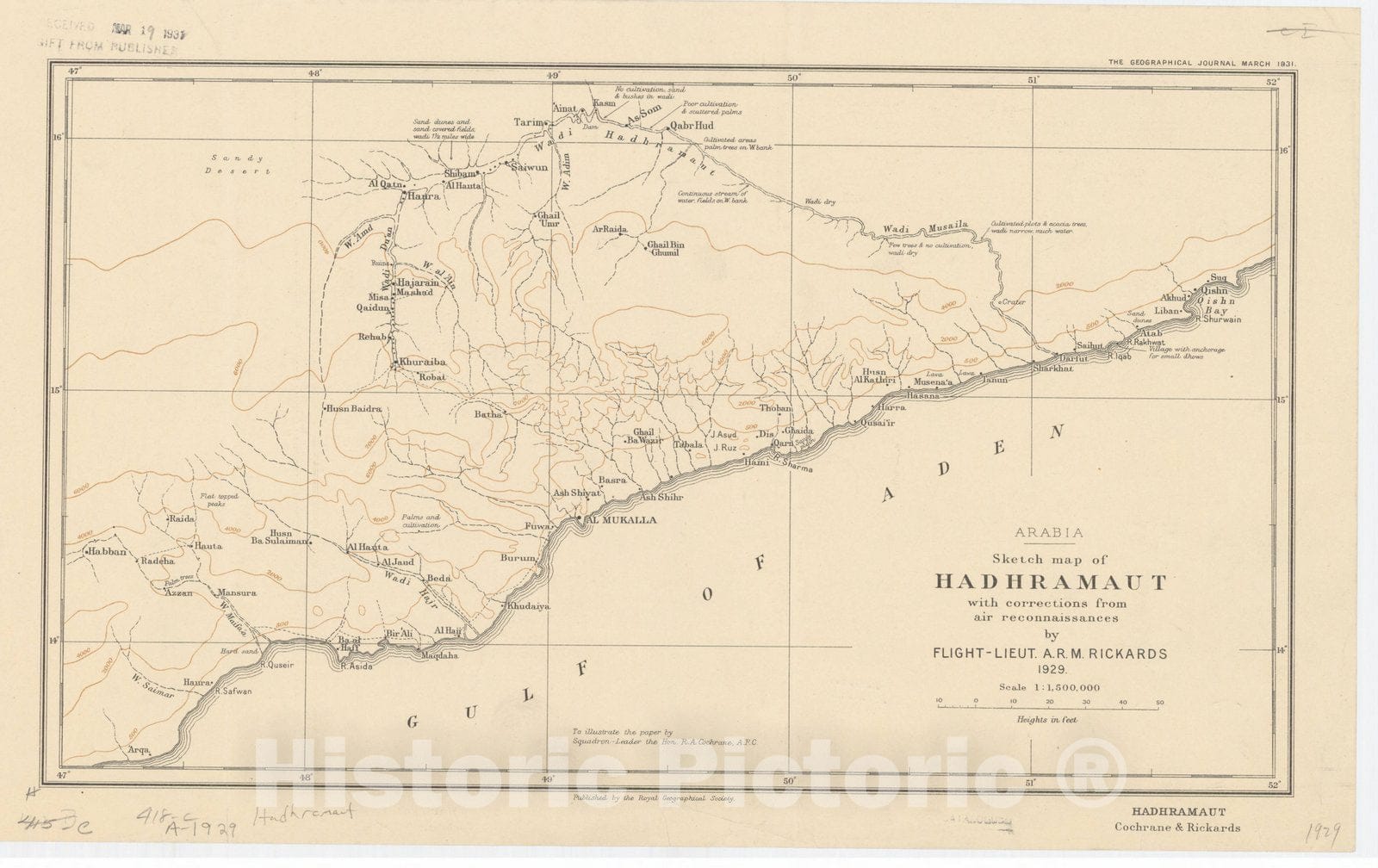 Map : Yemen 1931, Arabia sketch map of Hadhramaut with corrections from air reconnaissances by Flight-Lieut. A.R.M. Rickards 1929 , Antique Vintage Reproduction
